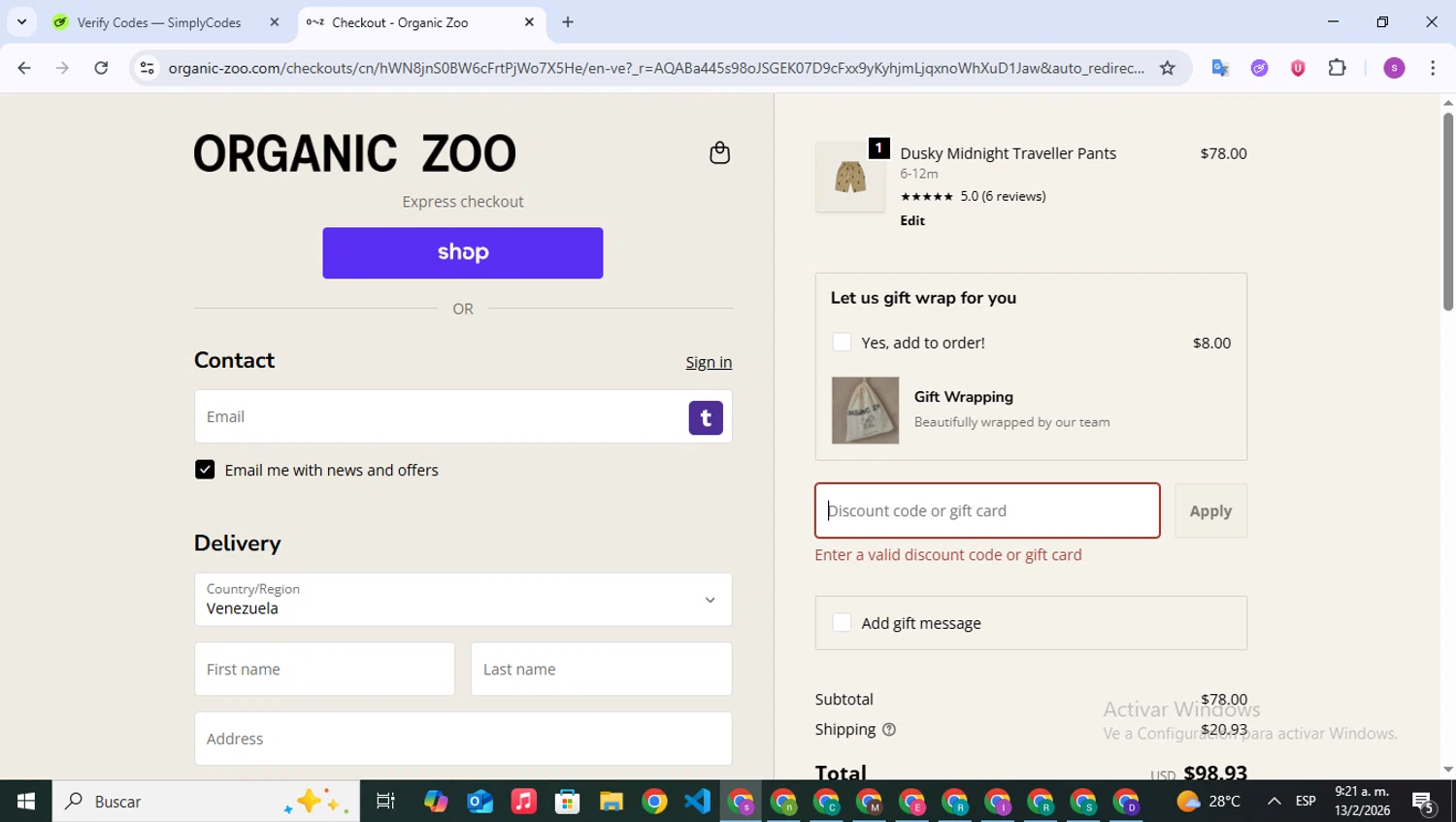 Organic Zoo discount code screenshot showing code 10OFFSALE applied at Organic Zoo checkout page. Uploaded by SimplyCodes community member WonderPioneer5062 on Feb 13, 2026