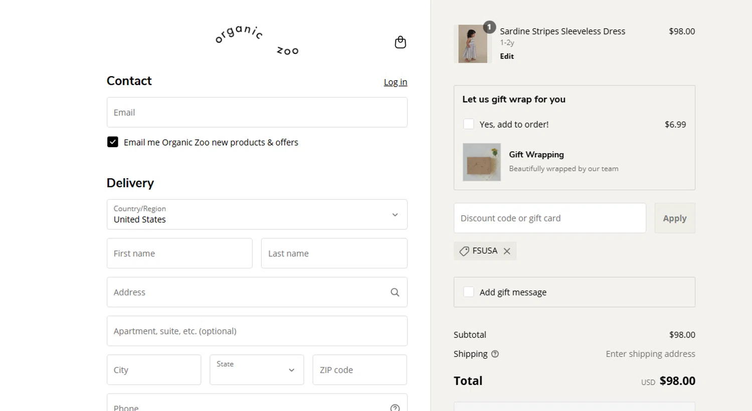 Organic Zoo discount code screenshot showing code FSUSA applied at Organic Zoo checkout page. Uploaded by SimplyCodes community member JesusPadra on Jul 2, 2025