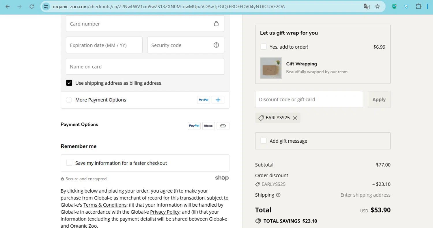 Organic Zoo discount code screenshot showing code EARLYSS25 applied at Organic Zoo checkout page. Uploaded by SimplyCodes community member carol_lameda on Jul 10, 2025