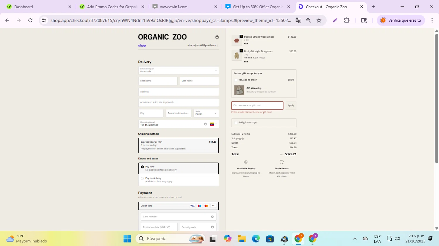 Organic Zoo discount code screenshot showing code HAPPY10 applied at Organic Zoo checkout page. Uploaded by SimplyCodes community member jesusalvarez1 on Oct 21, 2025