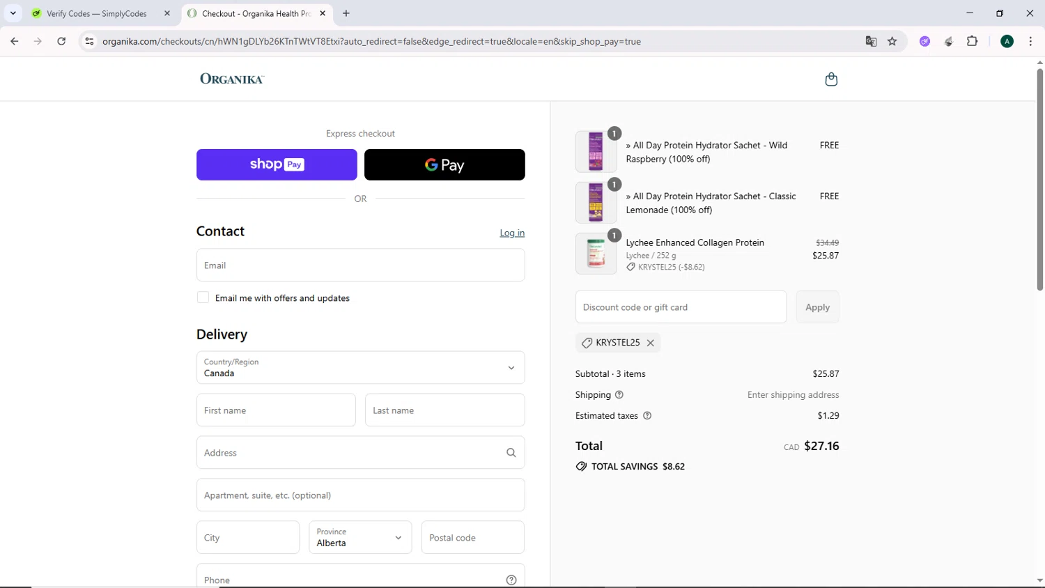 Organika promo code screenshot showing code KRYSTEL25 applied at Organika checkout page. Uploaded by SimplyCodes community member DiscountCurator2907 on Aug 11, 2025