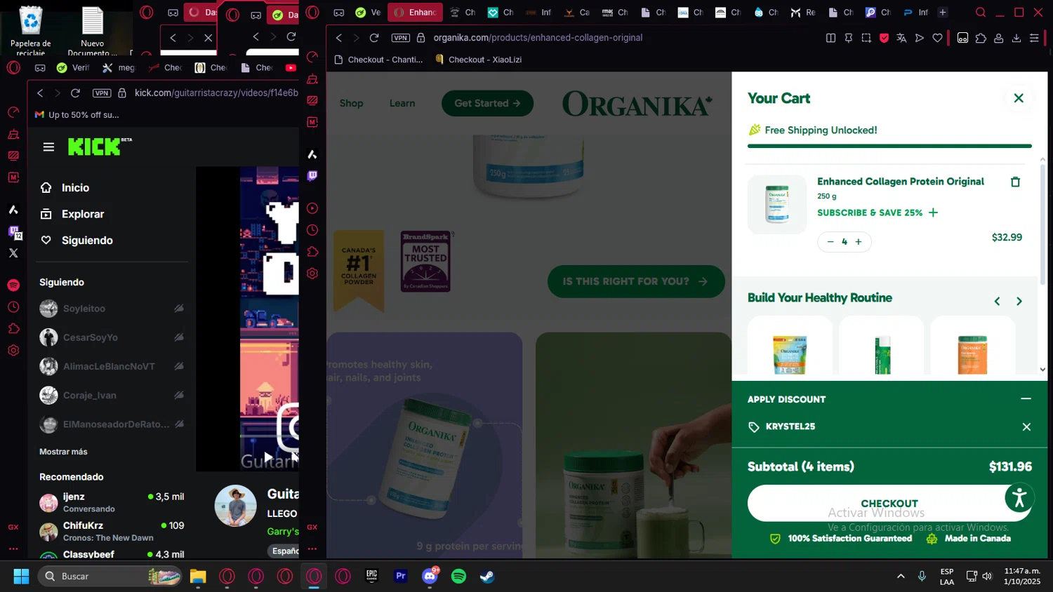 Organika promo code screenshot showing code KRYSTEL25 applied at Organika checkout page. Uploaded by SimplyCodes community member Halanweik on Oct 1, 2025