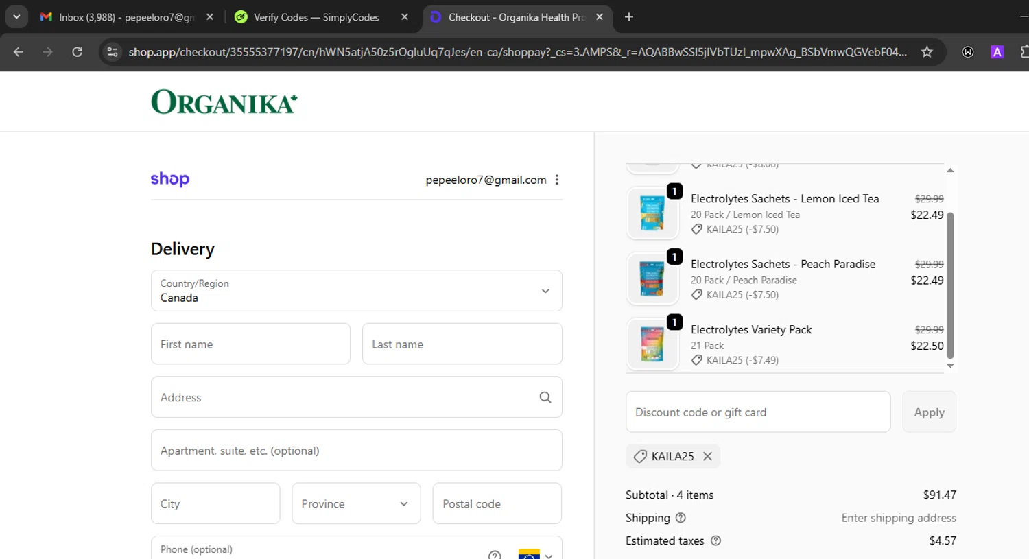 Organika promo code screenshot showing code KAILA25 applied at Organika checkout page. Uploaded by SimplyCodes community member Eminem on Nov 22, 2025