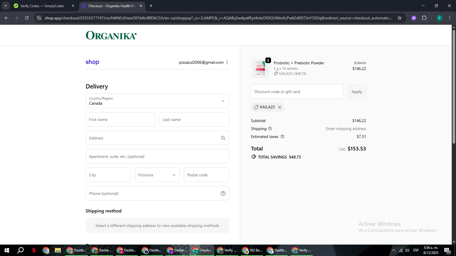 Organika promo code screenshot showing code KAILA25 applied at Organika checkout page. Uploaded by SimplyCodes community member FrugalCaptain6906 on Dec 8, 2025