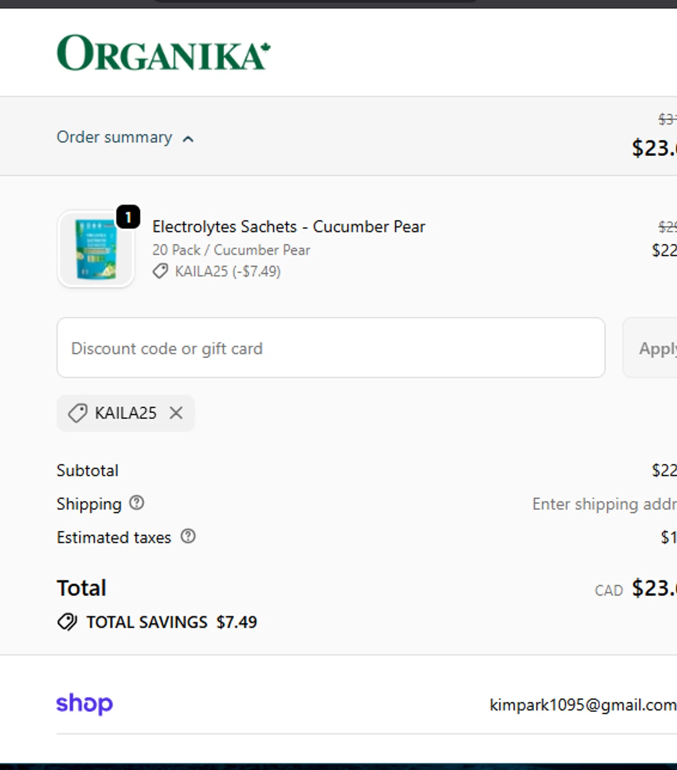 Organika promo code screenshot showing code KAILA25 applied at Organika checkout page. Uploaded by SimplyCodes community member Pinkicuat on Nov 27, 2025