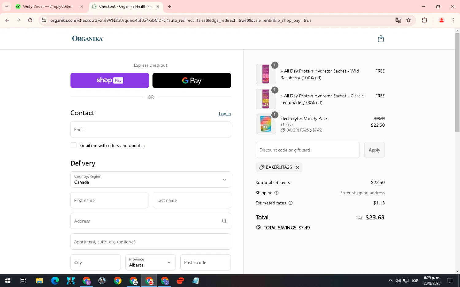 Organika promo code screenshot showing code BAKERLITA25 applied at Organika checkout page. Uploaded by SimplyCodes community member WiseHero7115 on Aug 20, 2025