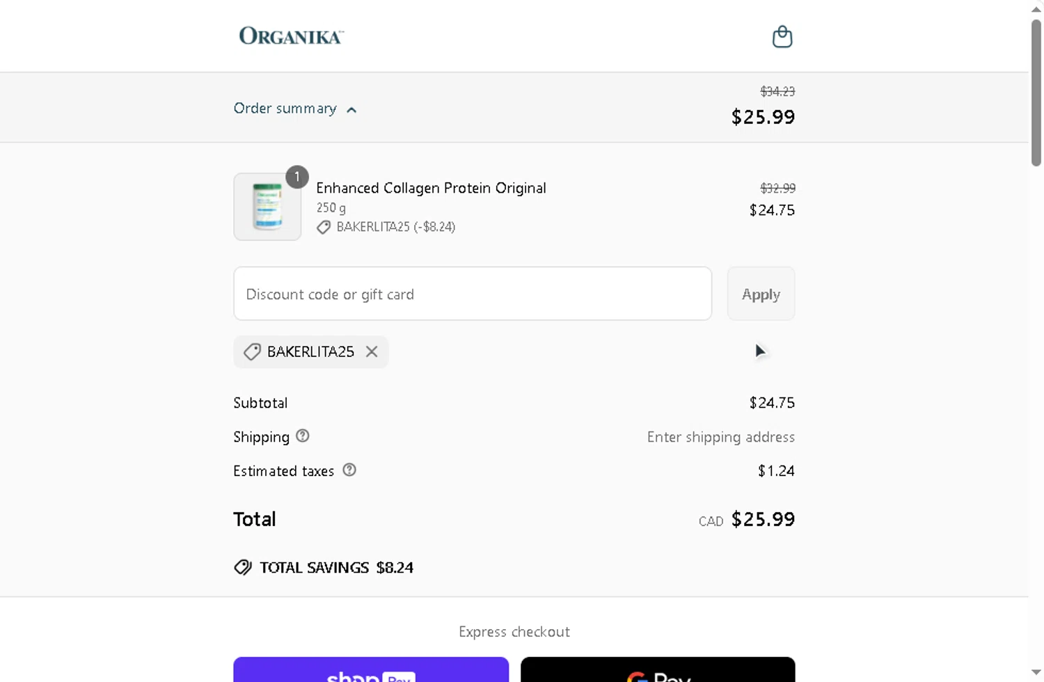 Organika promo code screenshot showing code BAKERLITA25 applied at Organika checkout page. Uploaded by SimplyCodes community member RewardPro9011 on May 21, 2025
