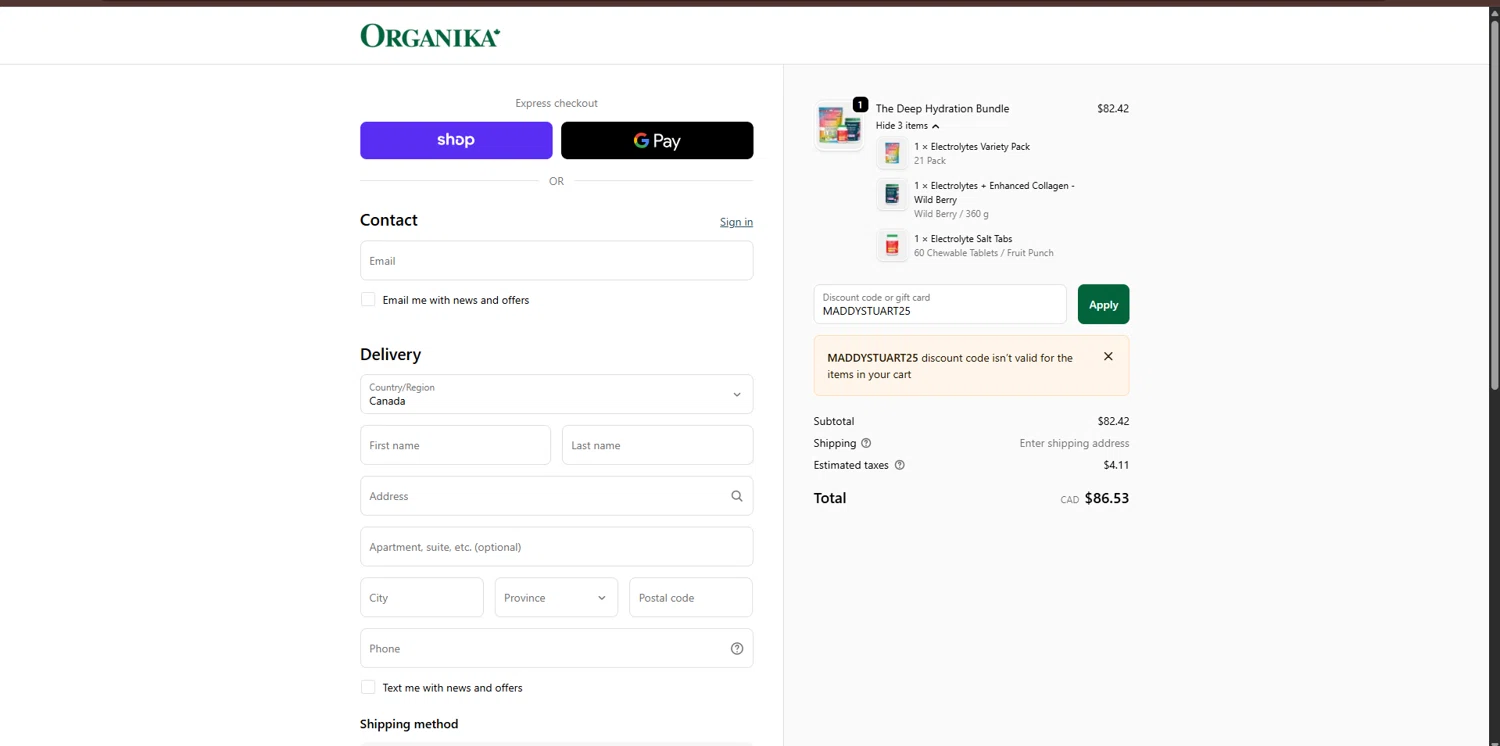 Organika promo code screenshot showing code MADDYSTUART25 applied at Organika checkout page. Uploaded by SimplyCodes community member MagnificentTitan8616 on Nov 27, 2025