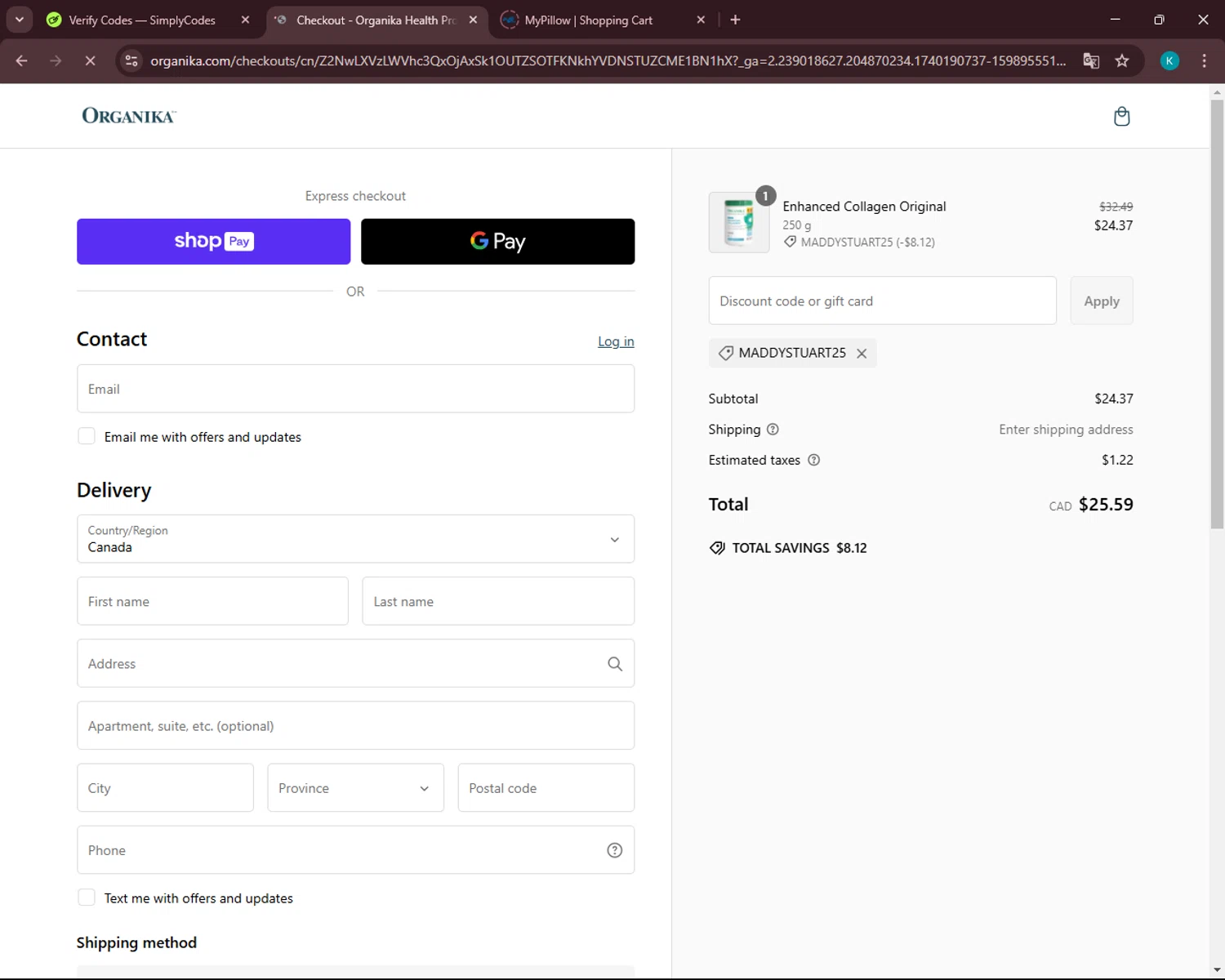 Organika promo code screenshot showing code MADDYSTUART25 applied at Organika checkout page. Uploaded by SimplyCodes community member VoucherSleuth3236 on Feb 22, 2025