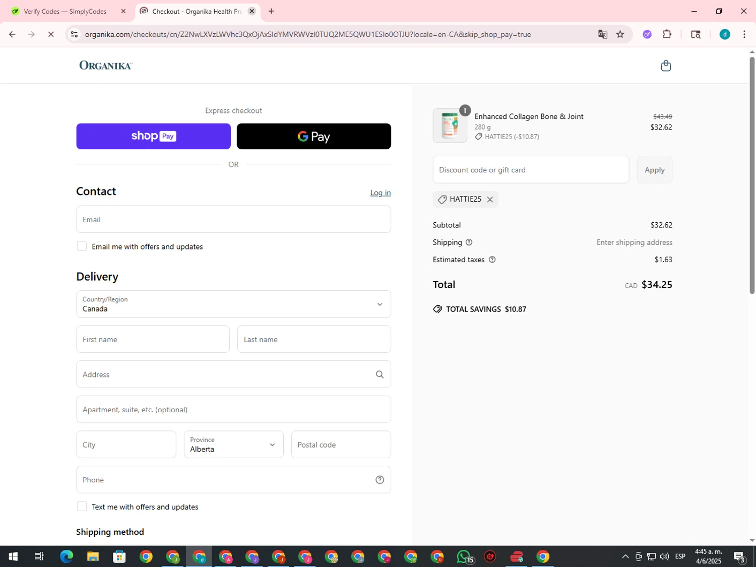 Organika promo code screenshot showing code HATTIE25 applied at Organika checkout page. Uploaded by SimplyCodes community member GloriousTiger3507 on Jun 4, 2025