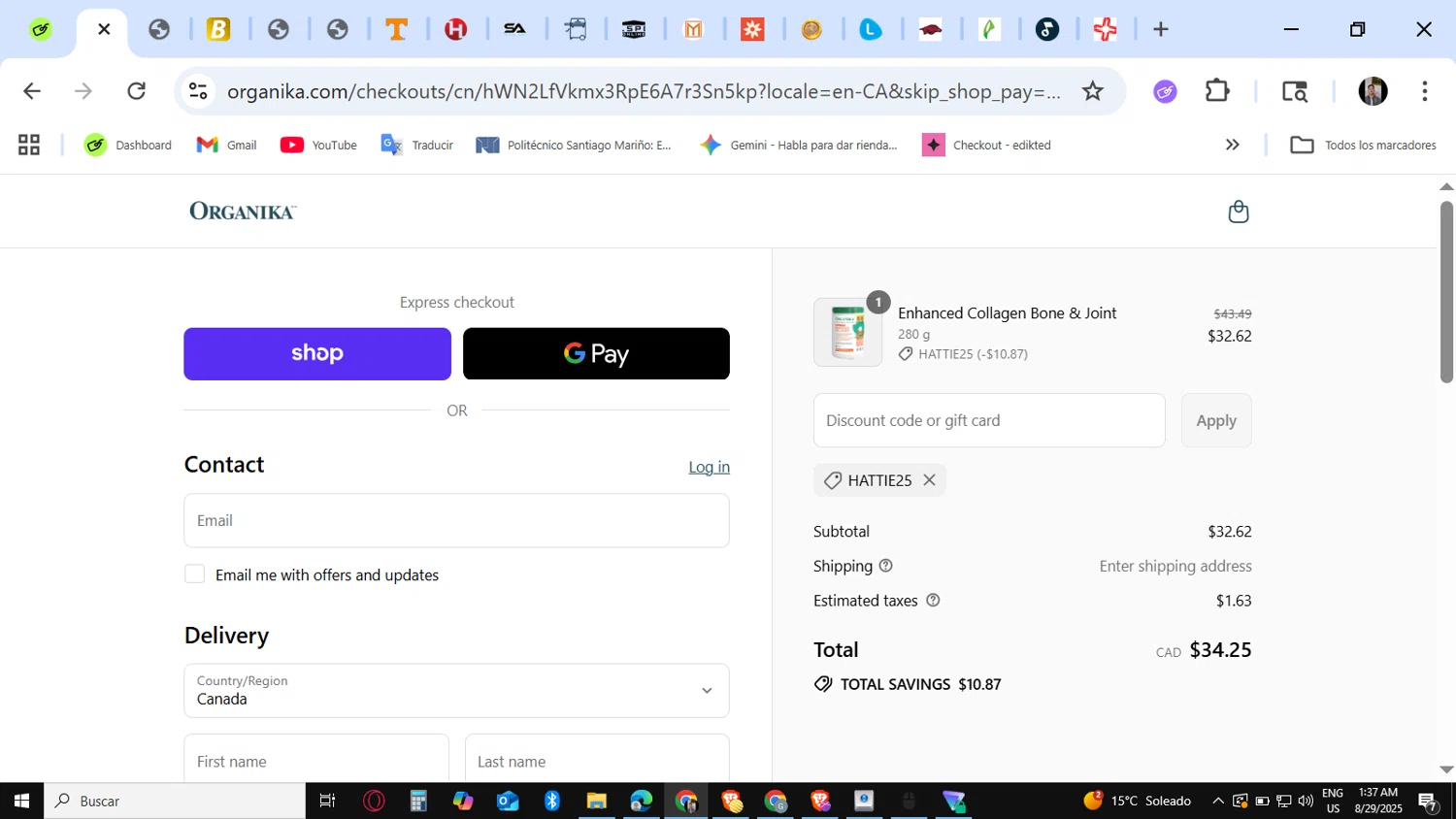 Organika promo code screenshot showing code HATTIE25 applied at Organika checkout page. Uploaded by SimplyCodes community member KataldoMustafack on Aug 29, 2025