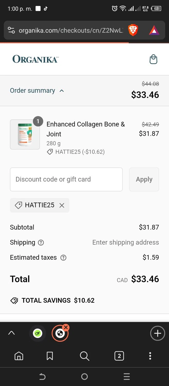 Organika promo code screenshot showing code HATTIE25 applied at Organika checkout page. Uploaded by SimplyCodes community member Leannysv7lla on Feb 11, 2025