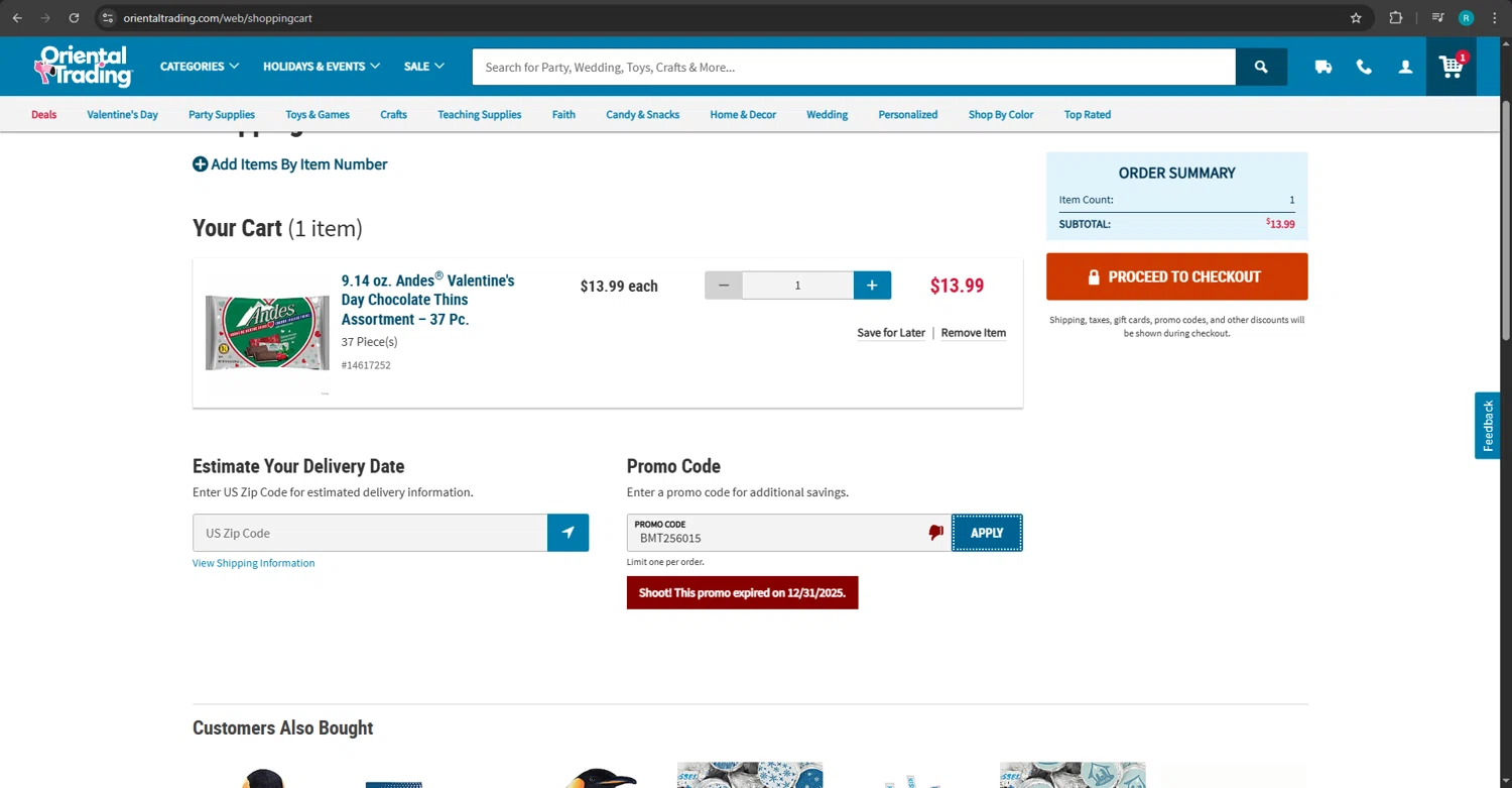 Oriental Trading promo code screenshot showing code BMT256015 applied at Oriental Trading checkout page. Uploaded by SimplyCodes community member kaiser2 on Jan 7, 2026