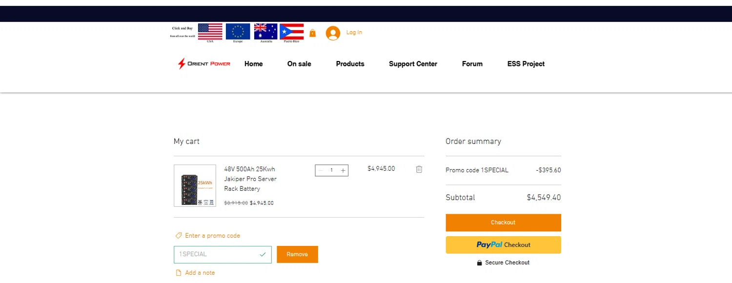 ORIENT POWER promo code screenshot showing code 1SPECIAL applied at ORIENT POWER checkout page. Uploaded by SimplyCodes community member OnlywM on Jun 26, 2025
