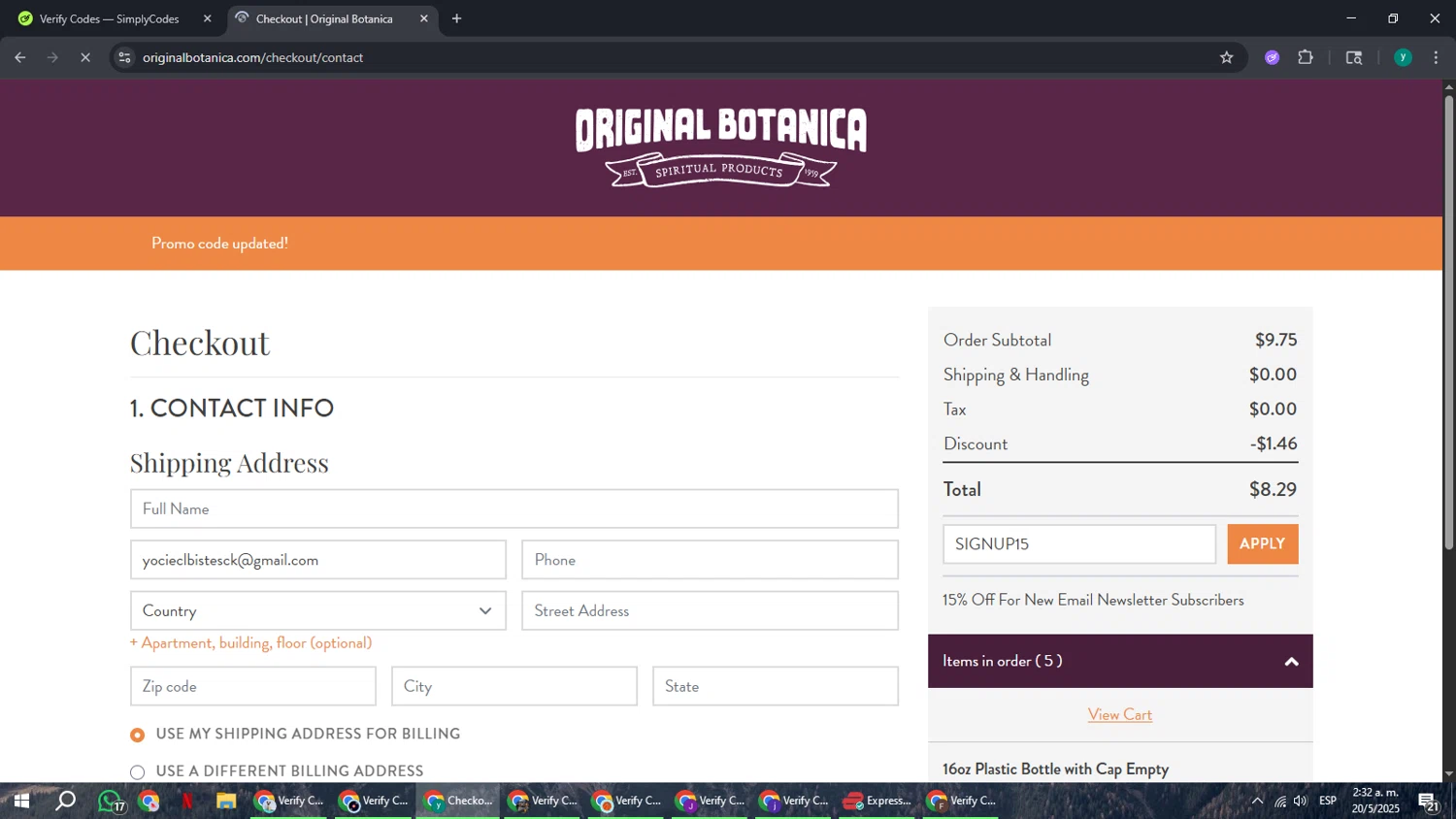 Original Botanica promo code screenshot showing code SIGNUP15 applied at Original Botanica checkout page. Uploaded by SimplyCodes community member FrugalCaptain6906 on May 20, 2025
