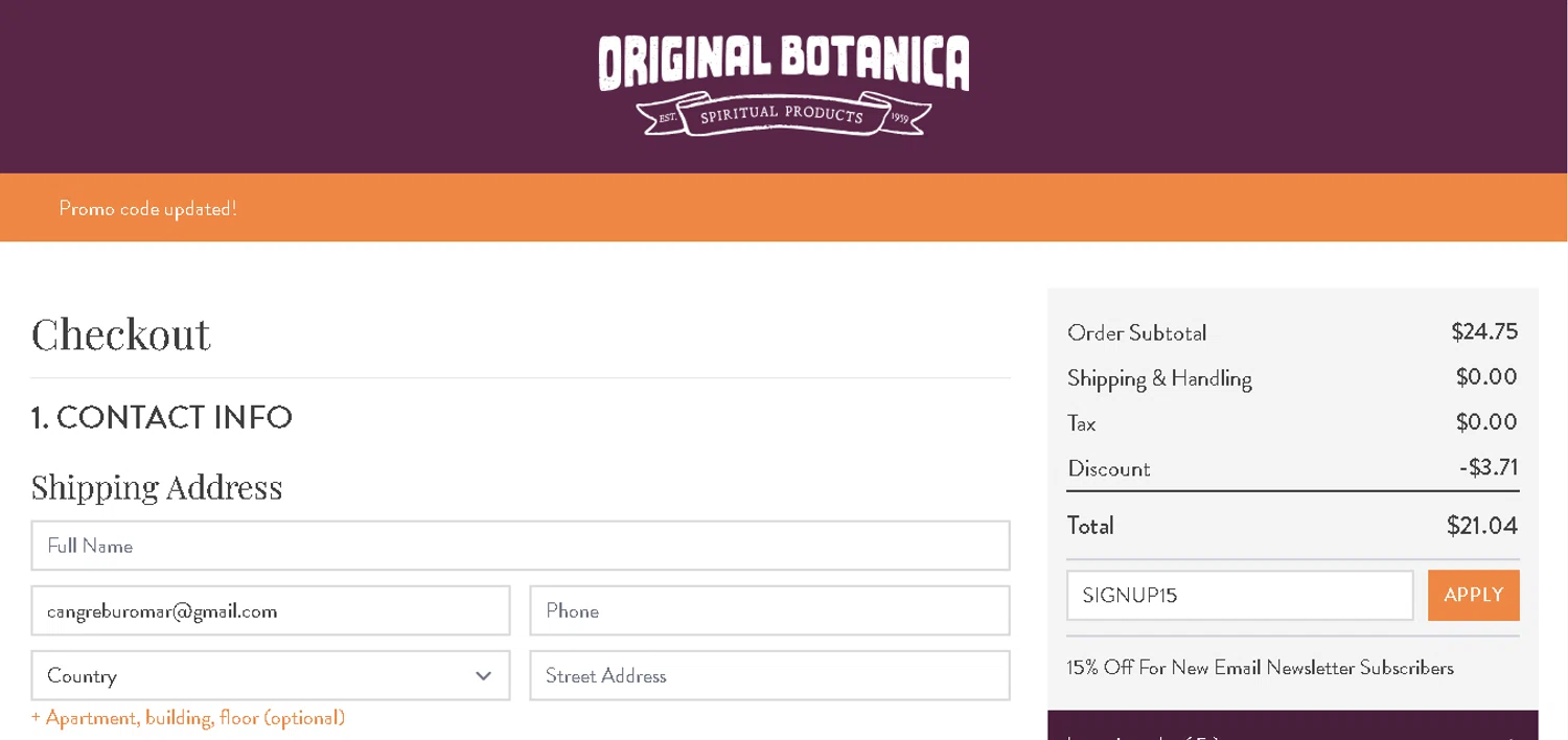 Original Botanica promo code screenshot showing code SIGNUP15 applied at Original Botanica checkout page. Uploaded by SimplyCodes community member xHRxUltrax on Jun 17, 2025