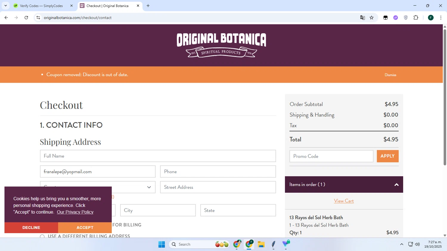 Original Botanica promo code screenshot showing code FALL2025 applied at Original Botanica checkout page. Uploaded by SimplyCodes community member Juanse on Oct 19, 2025