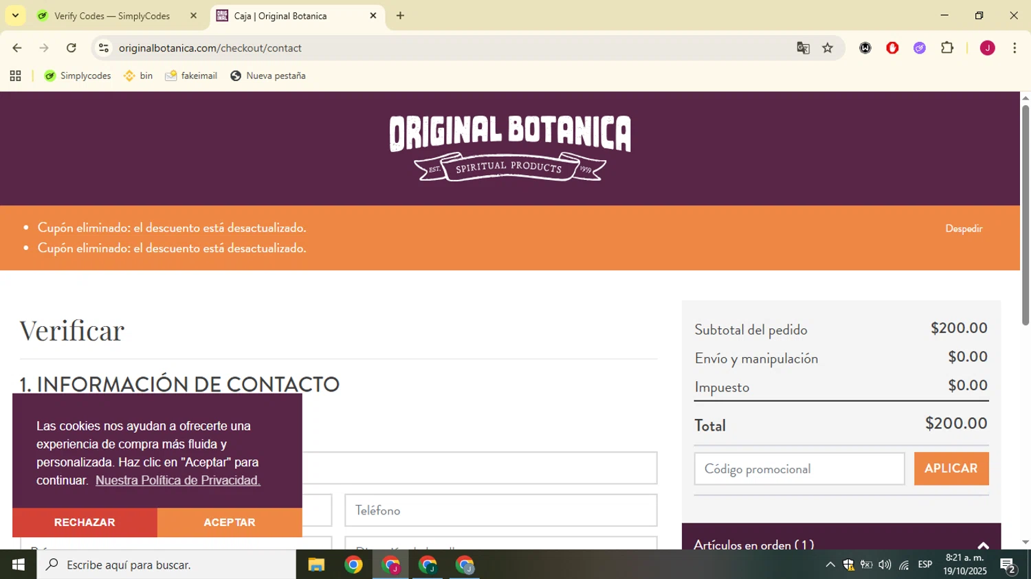 Original Botanica promo code screenshot showing code FALL2025 applied at Original Botanica checkout page. Uploaded by SimplyCodes community member SavvyChaser3144 on Oct 19, 2025