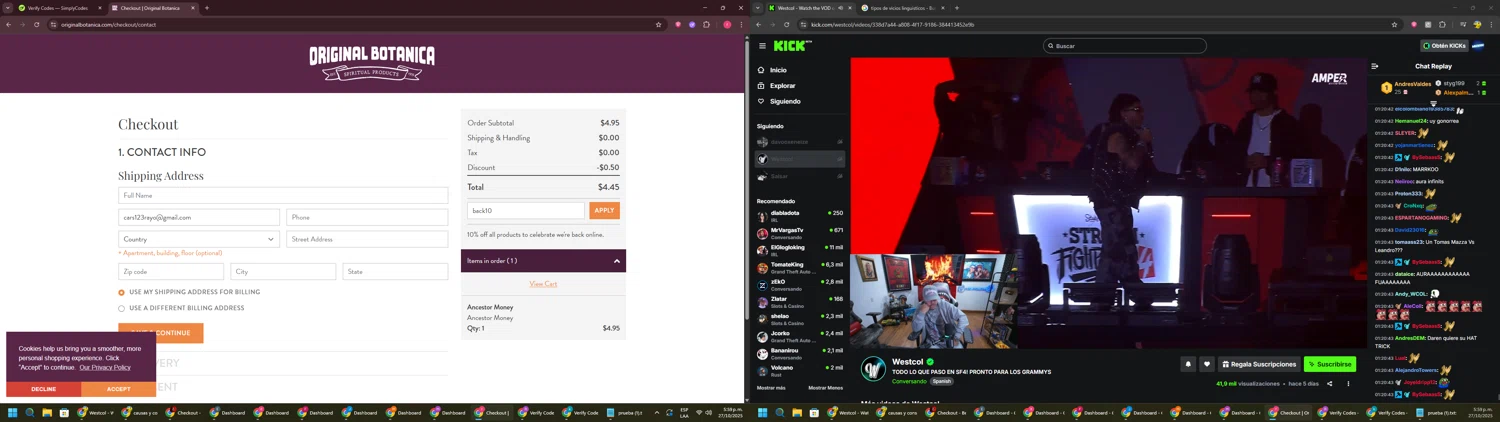 Original Botanica promo code screenshot showing code back10 applied at Original Botanica checkout page. Uploaded by SimplyCodes community member CouponSage7331 on Oct 27, 2025