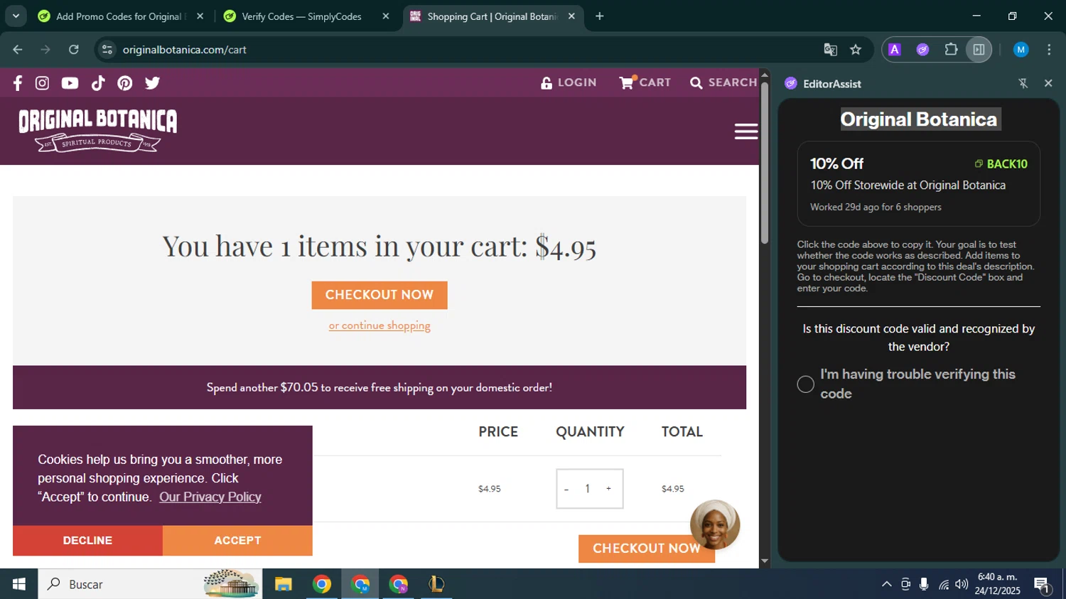 Original Botanica promo code screenshot showing code back10 applied at Original Botanica checkout page. Uploaded by SimplyCodes community member rosamiranda on Dec 24, 2025