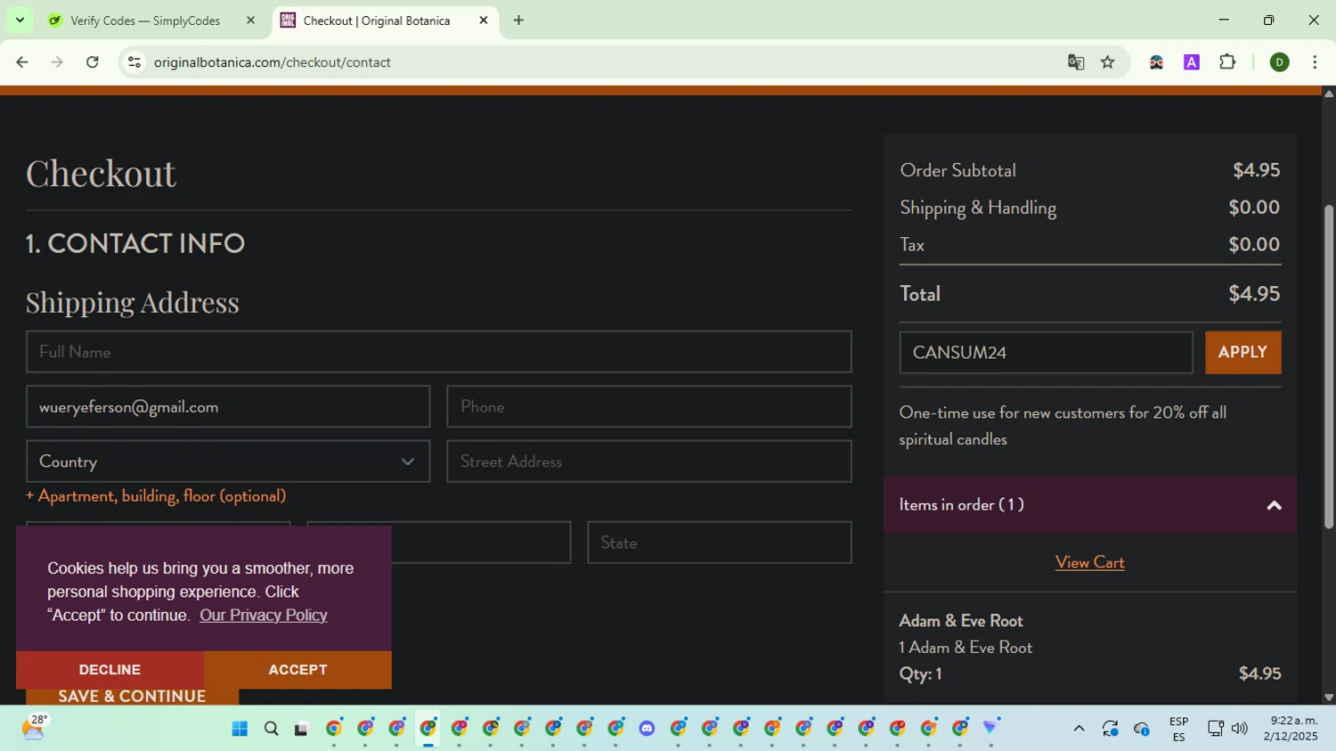 Original Botanica promo code screenshot showing code CANSUM24 applied at Original Botanica checkout page. Uploaded by SimplyCodes community member BargainGuardian5495 on Dec 2, 2025