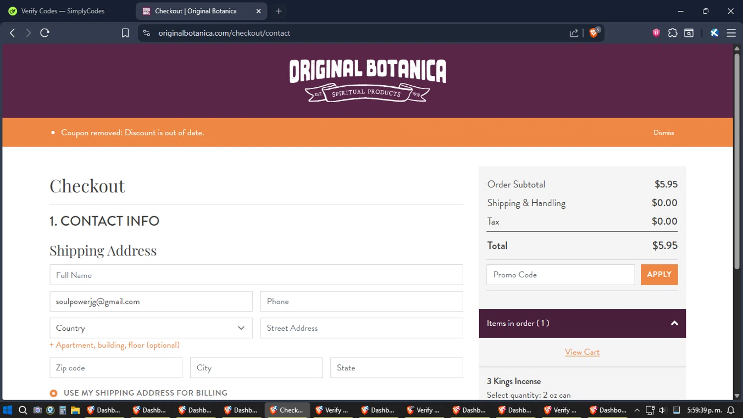 Original Botanica promo code screenshot showing code MAGIC2025 applied at Original Botanica checkout page. Uploaded by SimplyCodes community member SoulPower on Dec 19, 2025