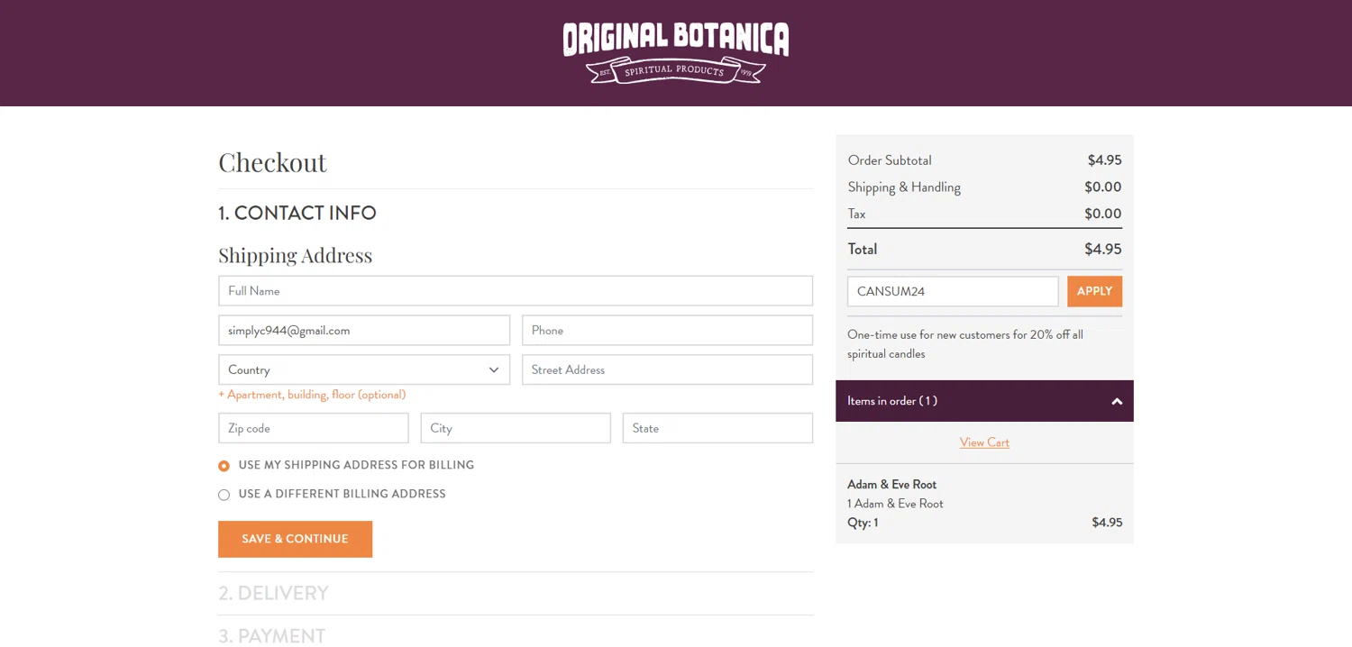 Original Botanica promo code screenshot showing code CANSUM24 applied at Original Botanica checkout page. Uploaded by SimplyCodes community member Dorothy on Nov 2, 2025