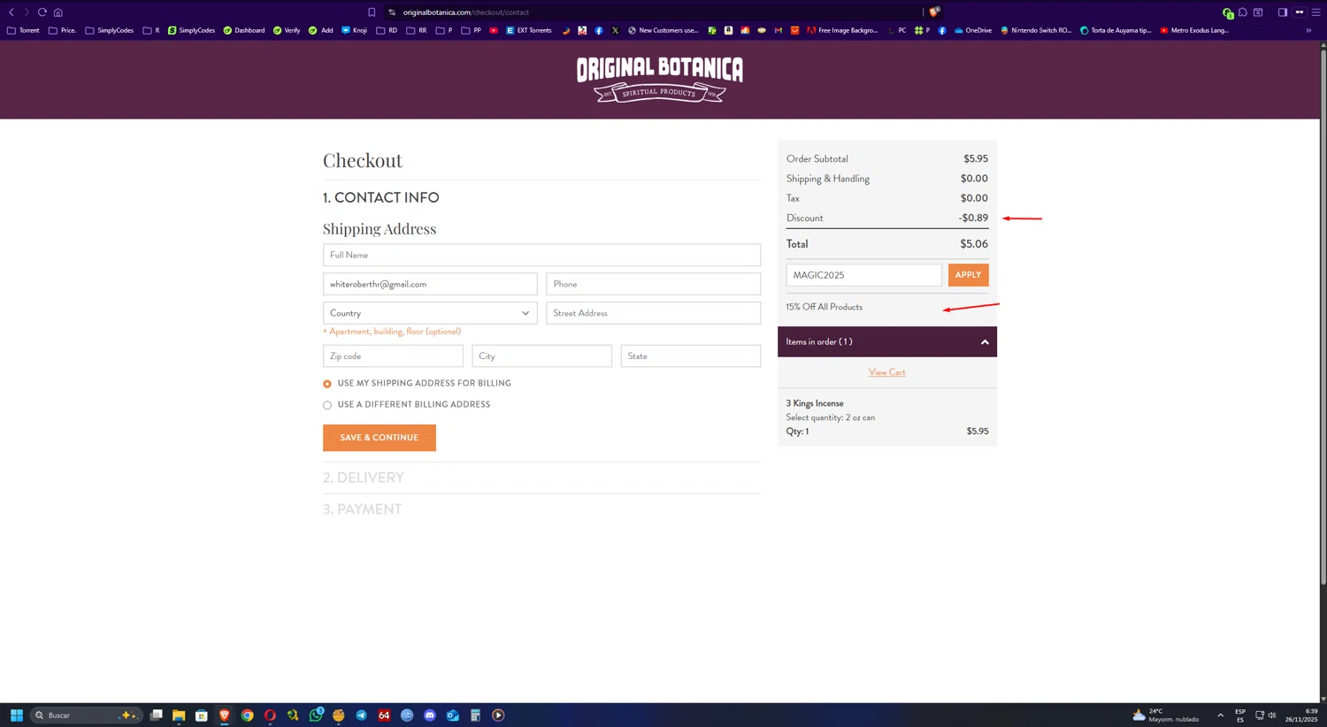 Original Botanica promo code screenshot showing code MAGIC2025 applied at Original Botanica checkout page. Uploaded by SimplyCodes community member UnkNownVnzla on Nov 26, 2025
