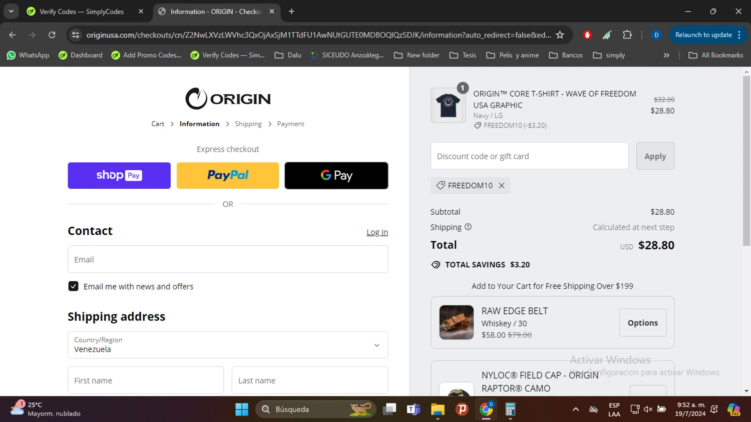 Origin Maine checkout page showing Origin Maine discount code box | Screenshot taken by SimplyCodes community member on Jul 19, 2024