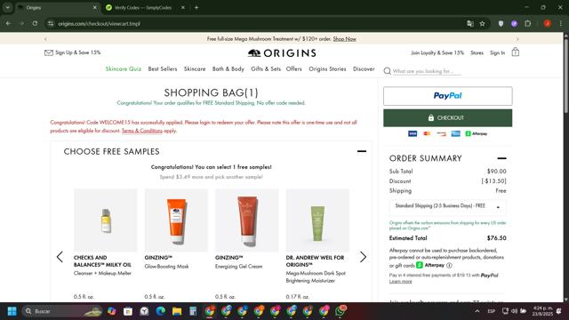 Origins checkout page showing Origins promo code box | Screenshot taken by SimplyCodes community member on Aug 23, 2025