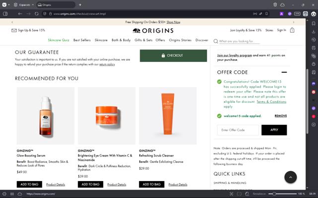 Origins checkout page showing Origins promo code box | Screenshot taken by SimplyCodes community member on Sep 3, 2025