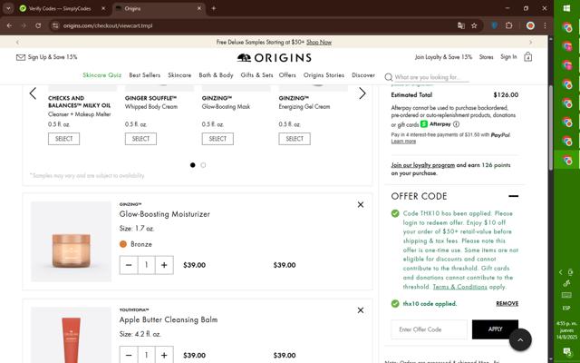 Origins checkout page showing Origins promo code box | Screenshot taken by SimplyCodes community member on Aug 14, 2025
