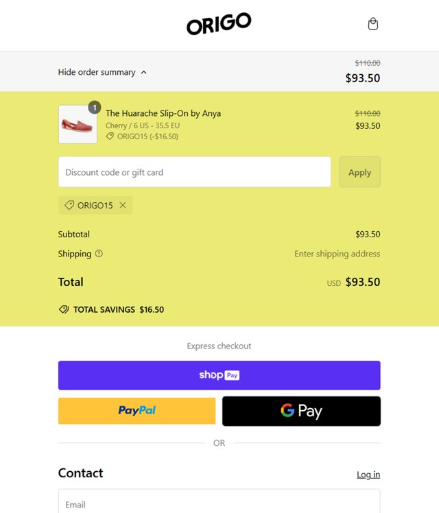 Origo Shoes checkout page showing Origo Shoes discount code box | Screenshot taken by SimplyCodes community member on Nov 9, 2024