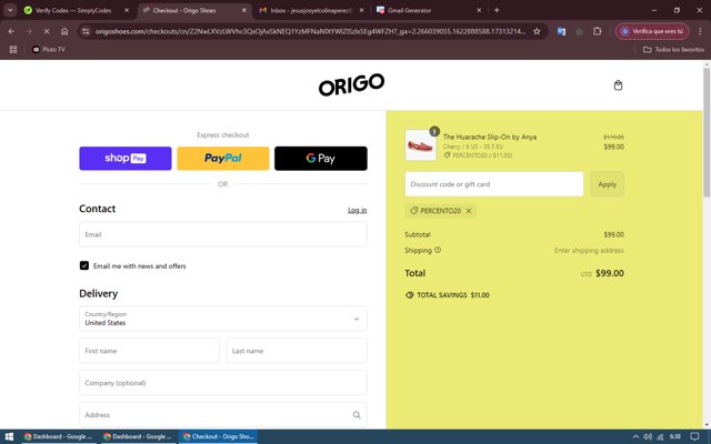 Origo Shoes checkout page showing Origo Shoes discount code box | Screenshot taken by SimplyCodes community member on Nov 11, 2024