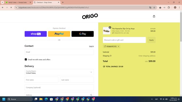 Origo Shoes checkout page showing Origo Shoes discount code box | Screenshot taken by SimplyCodes community member on Nov 11, 2024