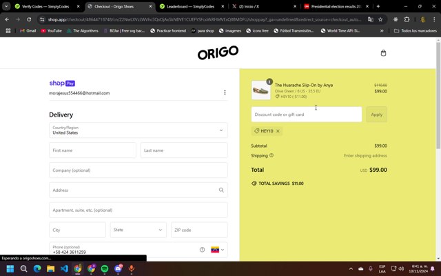 Origo Shoes checkout page showing Origo Shoes discount code box | Screenshot taken by SimplyCodes community member on Nov 10, 2024