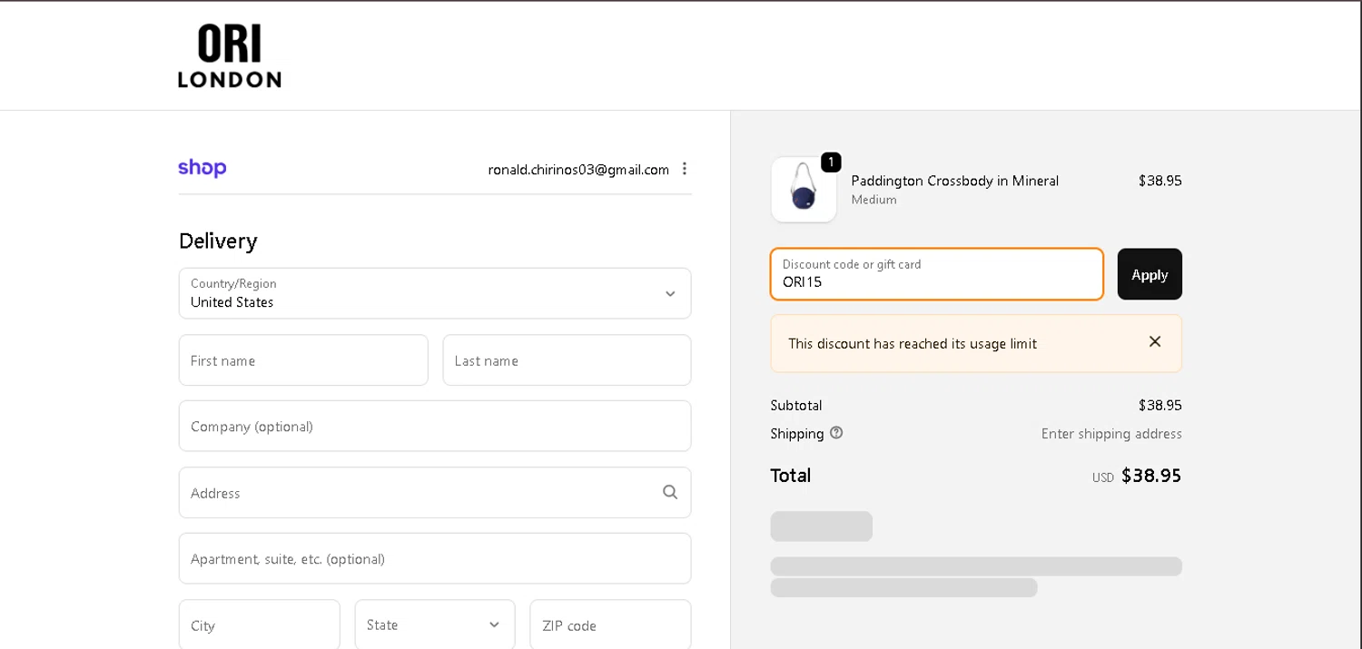 ORI London promo code screenshot showing code ORI15 applied at ORI London checkout page. Uploaded by SimplyCodes community member ValiantMaverick169 on Jan 12, 2026