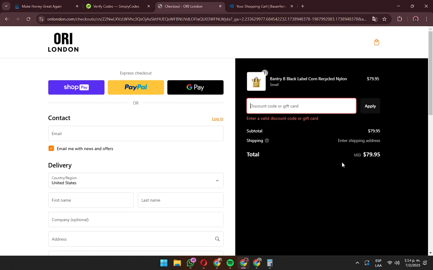 ORI London discount code screenshot showing code SUPER20 applied at ORI London checkout page. Uploaded by SimplyCodes community member ShrewdPilot3521 on Feb 7, 2025