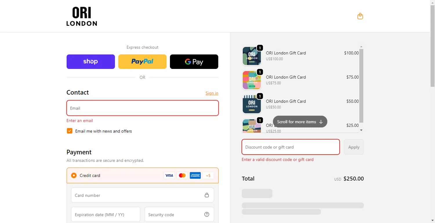 ORI London discount code screenshot showing code THANKSGIVING applied at ORI London checkout page. Uploaded by SimplyCodes community member ShieldLion4225 on Nov 30, 2025