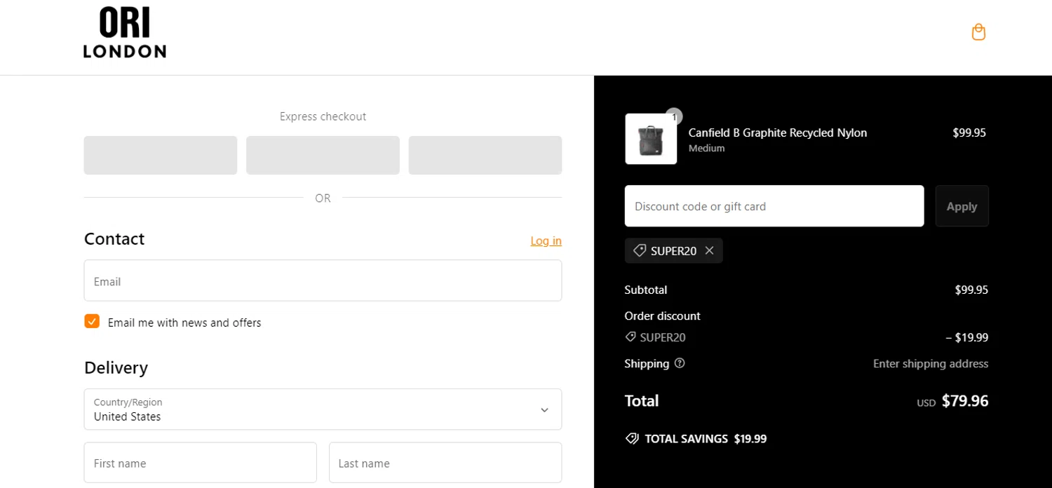 ORI London discount code screenshot showing code SUPER20 applied at ORI London checkout page. Uploaded by SimplyCodes community member jesspea on Feb 7, 2025