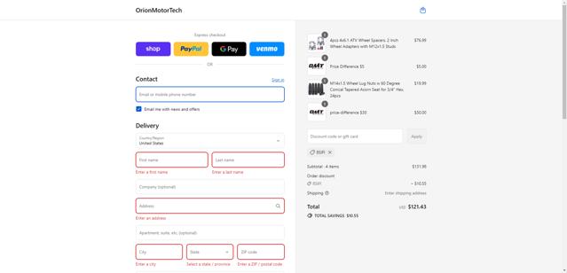 Orion Motor Tech checkout page showing Orion Motor Tech promo code box | Screenshot taken by SimplyCodes community member on Sep 17, 2025