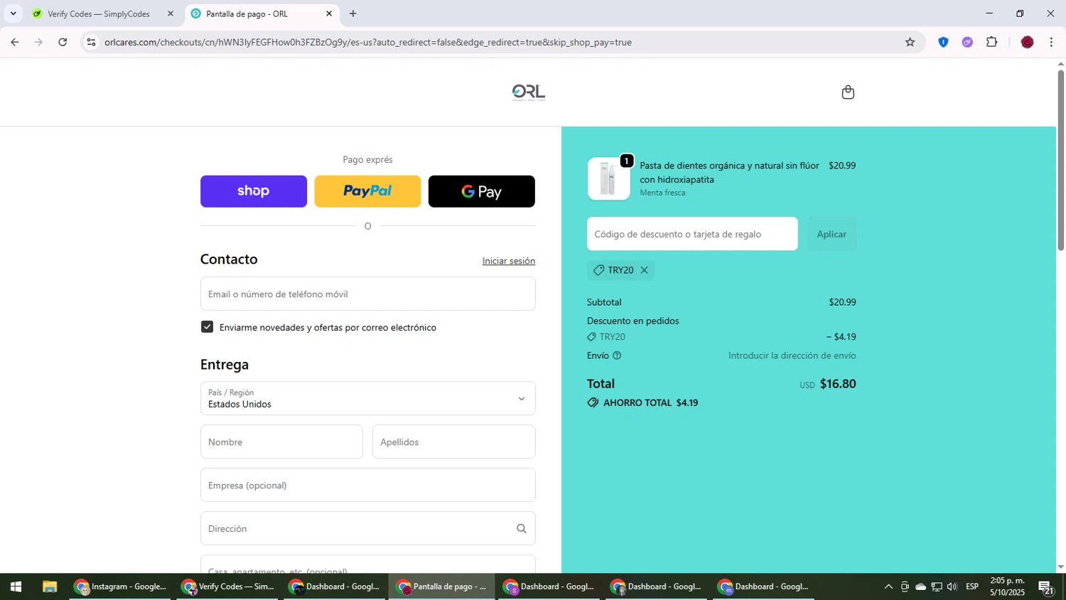ORL coupon code screenshot showing code TRY20 applied at ORL checkout page. Uploaded by SimplyCodes community member MightyLegend6657 on Oct 5, 2025