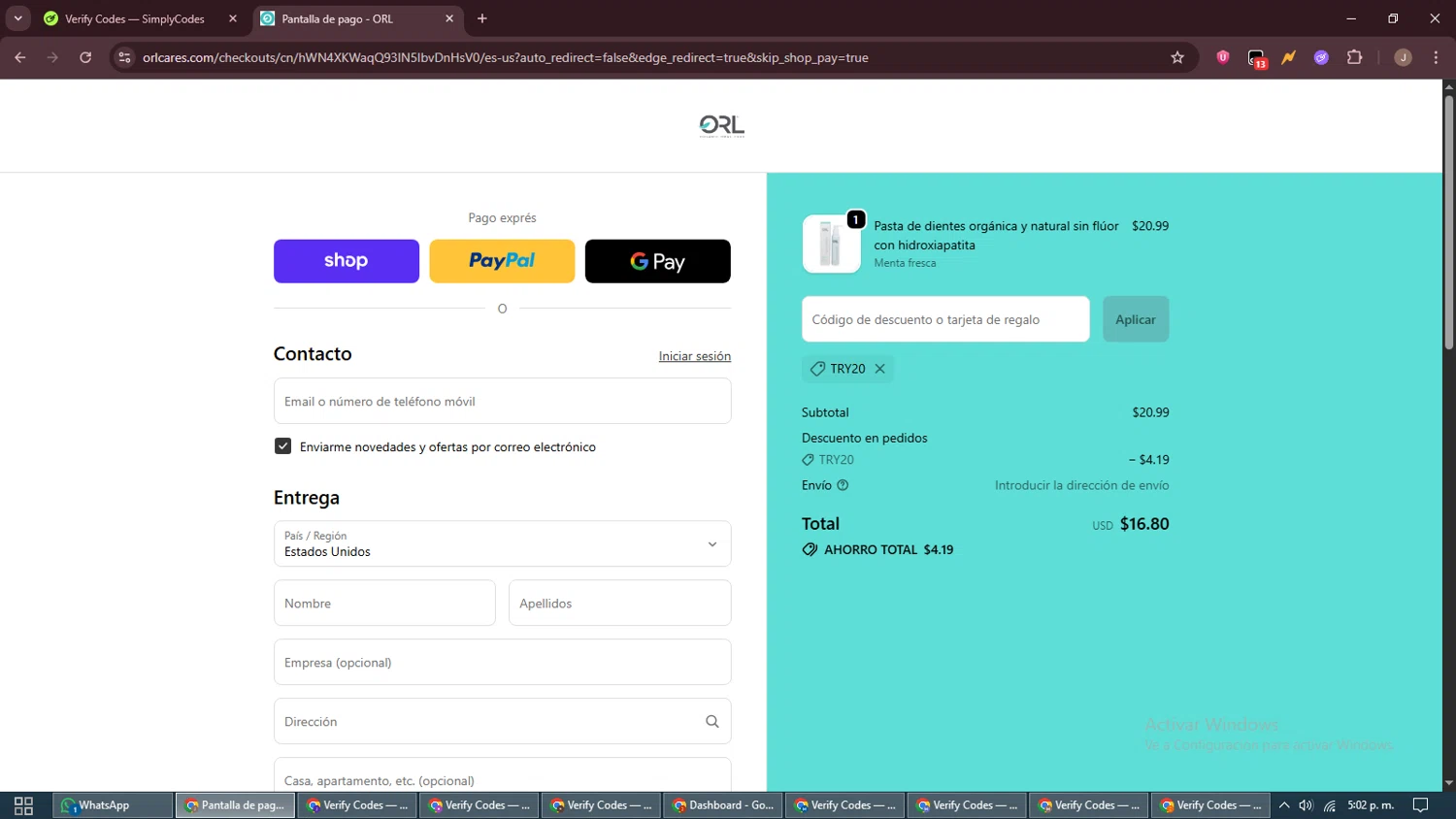 ORL coupon code screenshot showing code TRY20 applied at ORL checkout page. Uploaded by SimplyCodes community member ShrewdAdmiral5920 on Oct 25, 2025