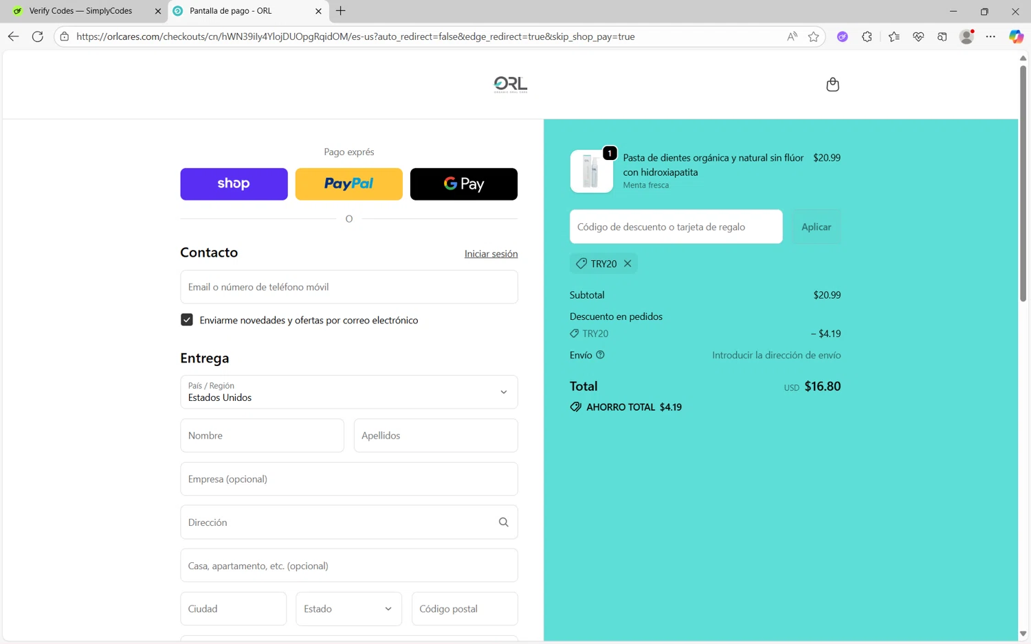 ORL coupon code screenshot showing code TRY20 applied at ORL checkout page. Uploaded by SimplyCodes community member juanx1702 on Sep 19, 2025