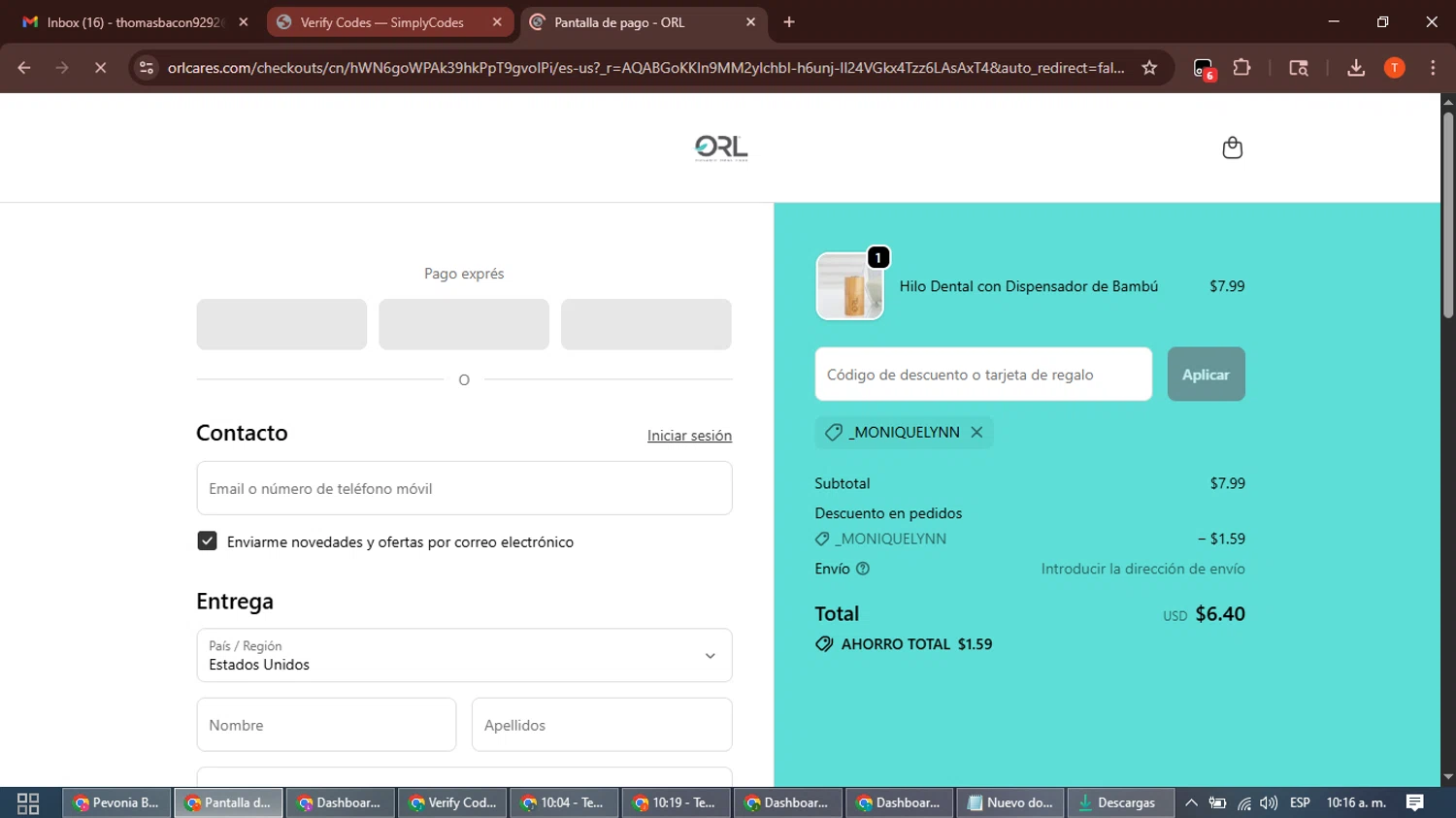 ORL coupon code screenshot showing code _MONIQUELYNN applied at ORL checkout page. Uploaded by SimplyCodes community member DiscountWizard3787 on Dec 21, 2025