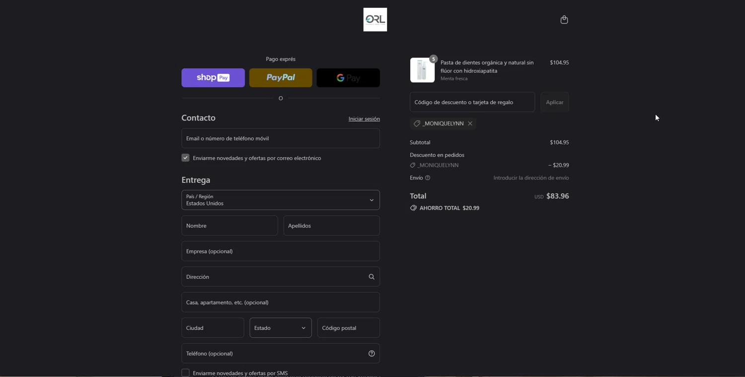 ORL coupon code screenshot showing code _MONIQUELYNN applied at ORL checkout page. Uploaded by SimplyCodes community member Doomslayer on Aug 21, 2025