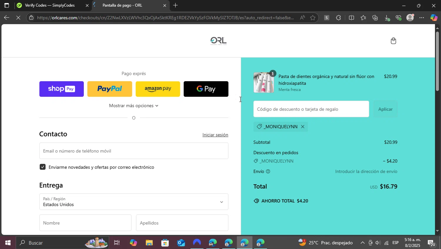 ORL coupon code screenshot showing code _MONIQUELYNN applied at ORL checkout page. Uploaded by SimplyCodes community member vasijadeaceite on Feb 8, 2025