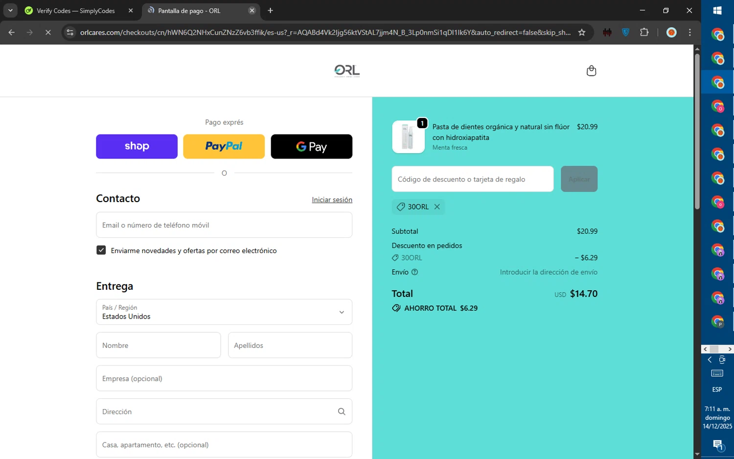 ORL coupon code screenshot showing code 30ORL applied at ORL checkout page. Uploaded by SimplyCodes community member ValiantWarden8956 on Dec 14, 2025