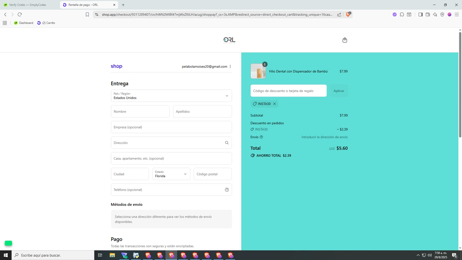 ORL coupon code screenshot showing code INSTA30 applied at ORL checkout page. Uploaded by SimplyCodes community member jHjJJJhgPlDmsdUYitrNMASDll on Aug 29, 2025