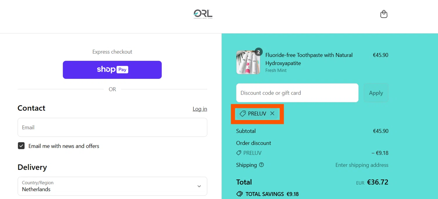 ORL coupon code screenshot showing code PRELUV applied at ORL checkout page. Uploaded by SimplyCodes community member CleverSentinel4477 on Jul 25, 2025